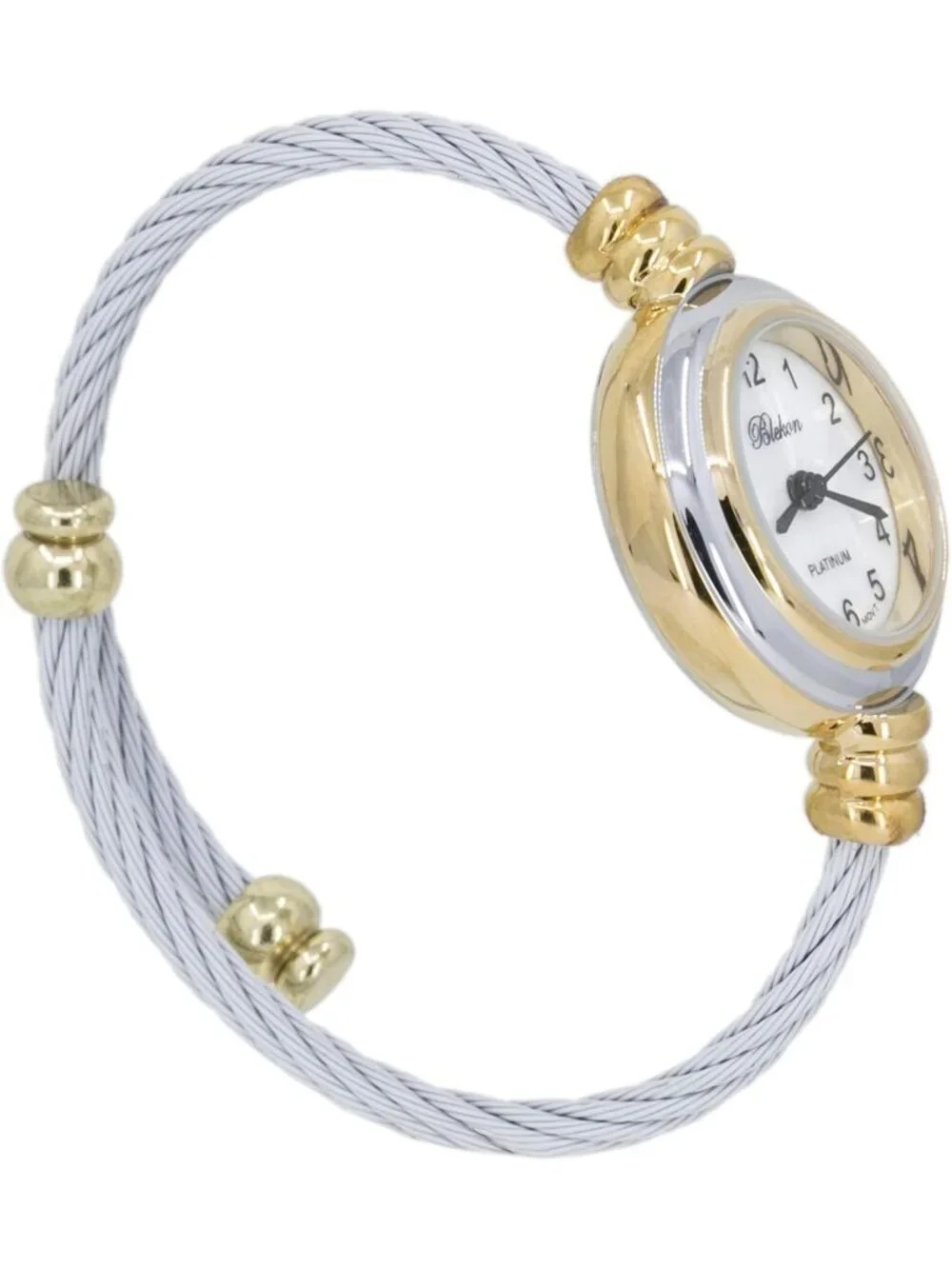 Womens Gold White Analog Quartz Elegant Cable Cuff Arabic Numbers Bracelet Watch